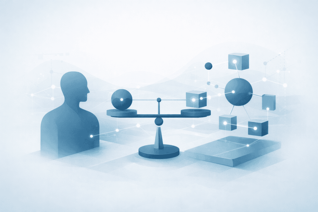 Digital illustration of web development and design with 3D elements and a human silhouette.