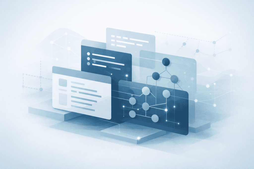 Modern digital interface with layered web pages and network connections.