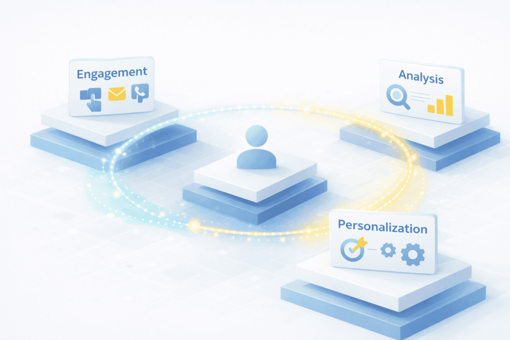 Digital marketing concepts with engagement, analysis, and personalization icons.